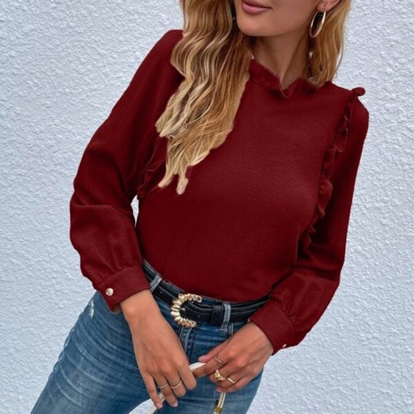 burgundy Ruffle Detail Blouse - Picture 5 of 7
